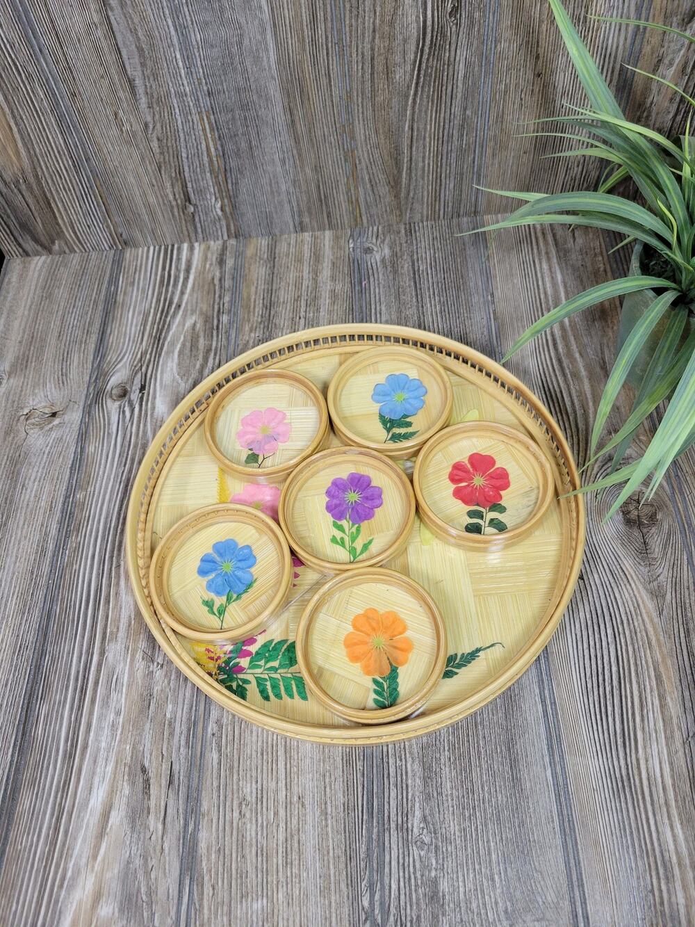 Vintage Bamboo Serving Tray Coaster Set Pressed Flower Boho Retro Barware NIB